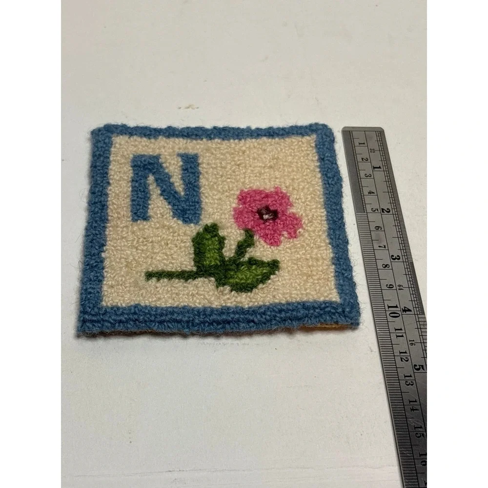 Flora's Cheticamp NS Hooked Rug Wool Mat Letter N Floral Blue Vintage 4